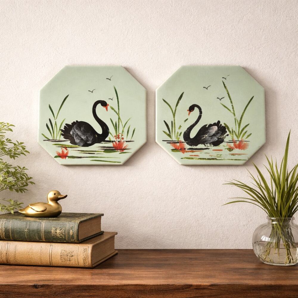 1946 Alpena Michigan Folk Art Swan Plaques Set of 2